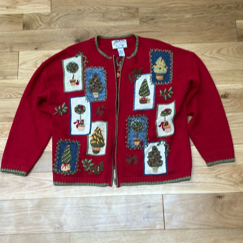Heirloom Collectibles  Red Women's Cardigan with Tree Motifs